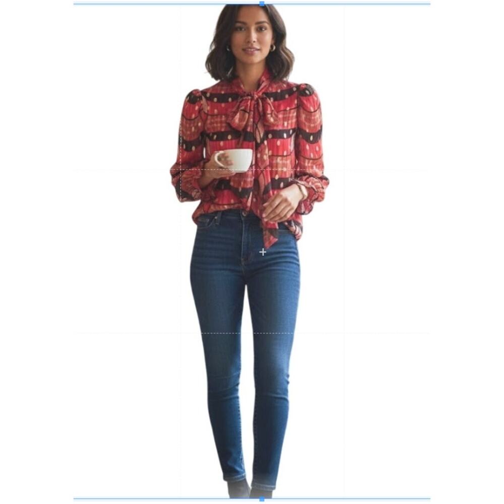 The Odells Elodie Top Cherry Multi-Pattern Button Up Blouse Tie Front, S